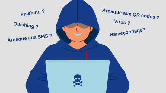 Illustration d'un hackeur avec une capuche et un ordinateur avec des mots-clés autour de lui, comme : Phishing, Quishing, Arnaque au SMS, Arnaque aux QR codes, Virus, Hameçonnage.