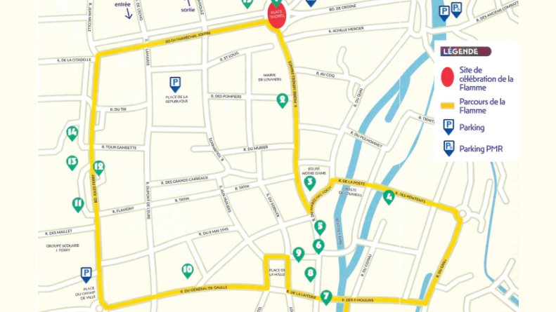 Carte du parcours de la flamme paralympique dans la ville de Louviers.