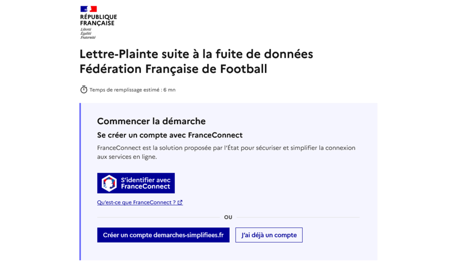 Capture d'écran représentant la plateforme pour déposer sa lettre-plainte suite à la fuite de données Fédération Française de Football. 